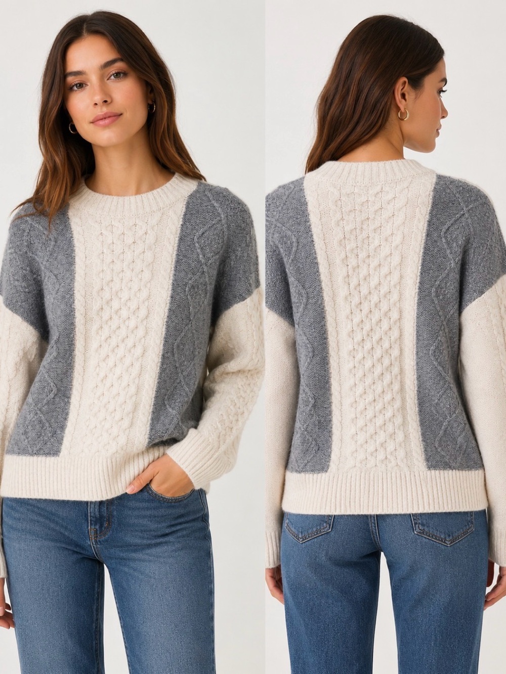 NWT Joie XS Gray Cream Colorblock Cable Knit Crewneck Sweater